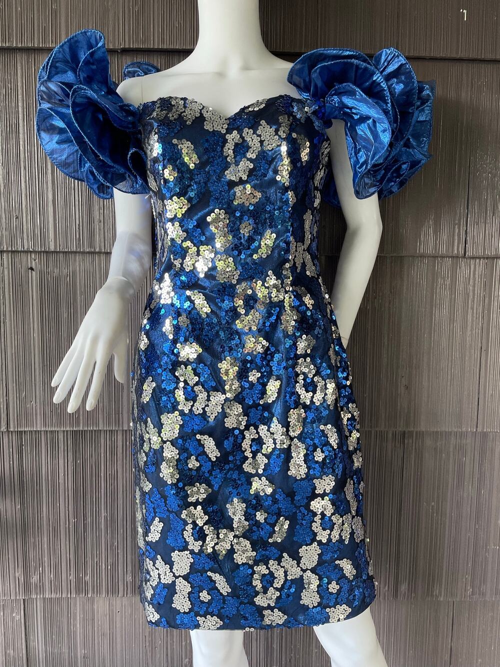 🔥Vintage 80s Blue Silver Sequin Off The Shoulder Puff Ruffle Sleeve Mini Dress